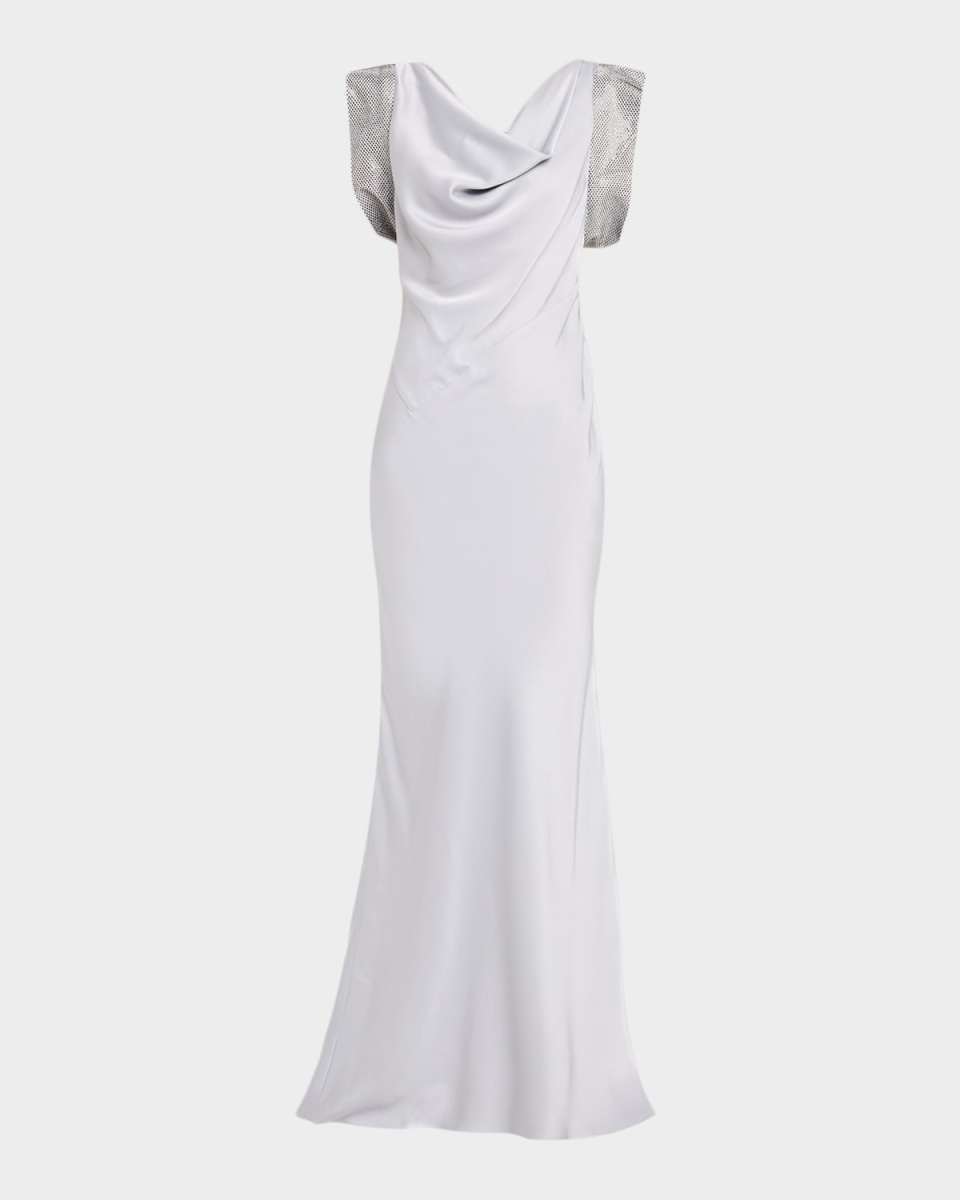 Strass Cap-Sleeve Twisted Satin Gown